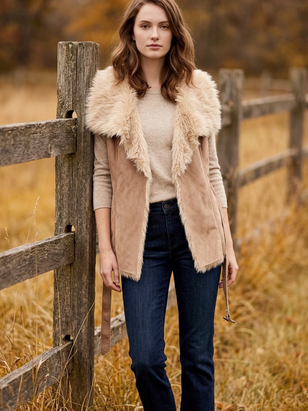 Armani exchange faux-Suede Faux-Fur Open-Front Vest with belt